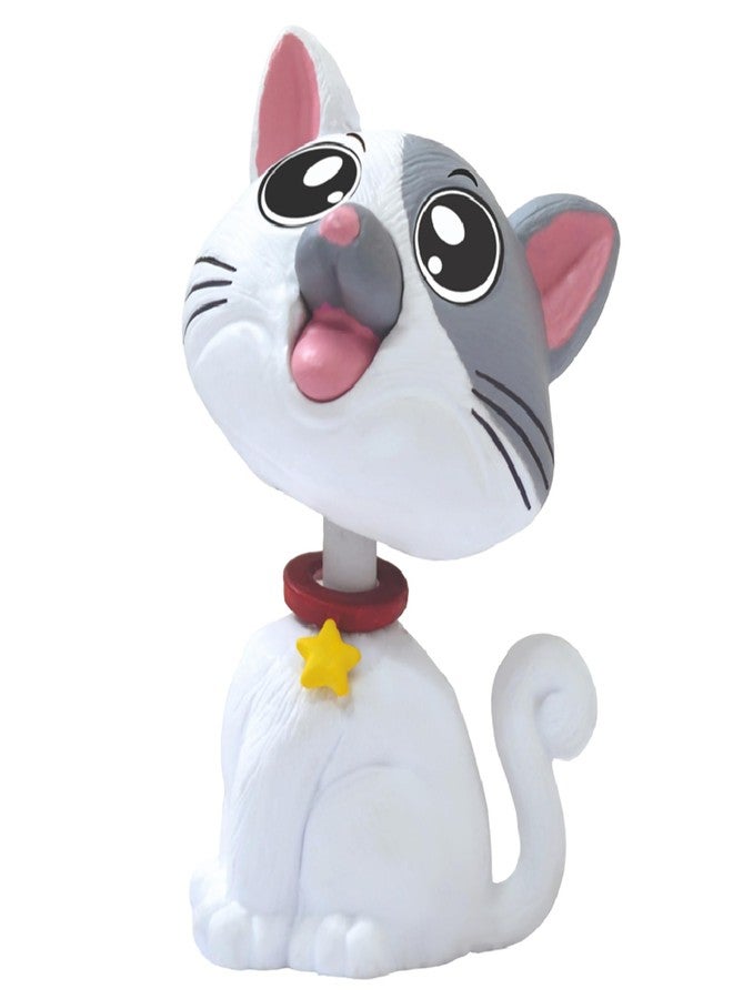 AUGEN Cute Cat White Grey Bobblehead for Car Dashboard, Office Desk & Study Table (Pack of 1) - Image 1